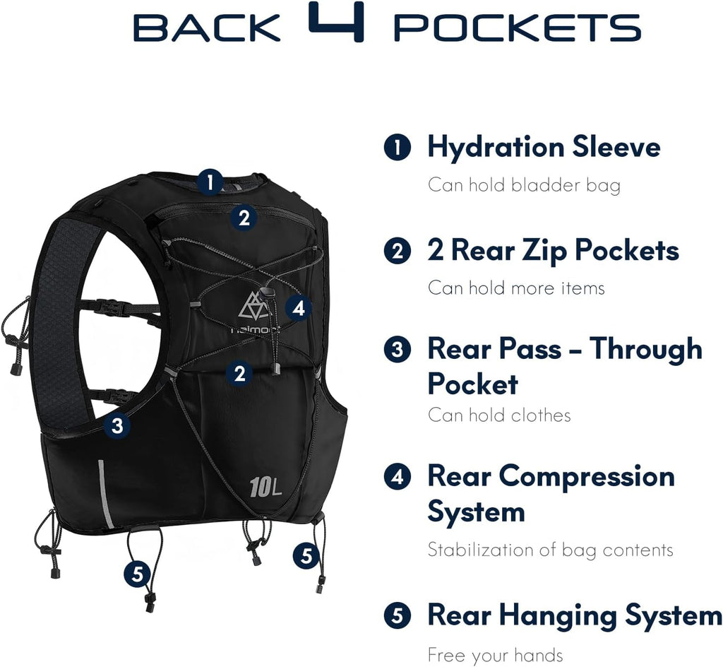 Haimont 10L Trail Running Hydration Vest with Soft Flasks | Reservoir Compatible, Bounce-Free Fit, Quick-Access Storage, Pole Carry, Whistle