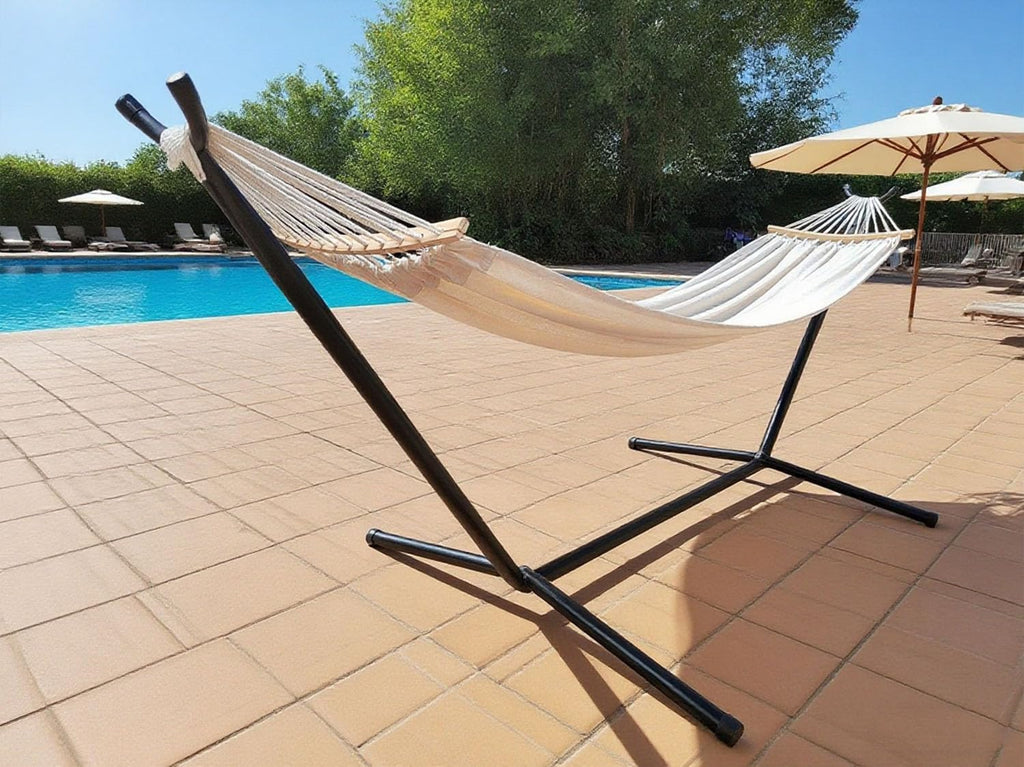 GOCAN Double Hammock 2 Person Large 220x150cm with Steel Stand and Removable Spreader bar Load 500lb, Canvas Cotton Hammocks for Patio Porch Garden Backyard Outdoor and Indoor