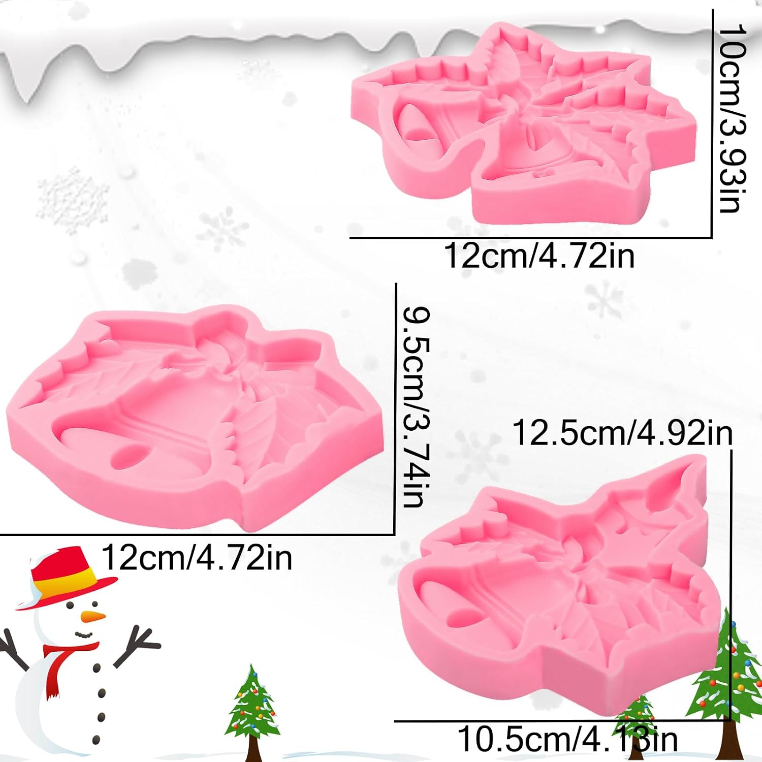 Luxurious Large Christmas Bell Fondant Molds 3 Pcs, Holly Leaves Embellished Cake Decoration Silicone Mold, Rendering Festive Atmosphere to Make Delicious Desserts Candy Mousse Chocolate, Clay Resin