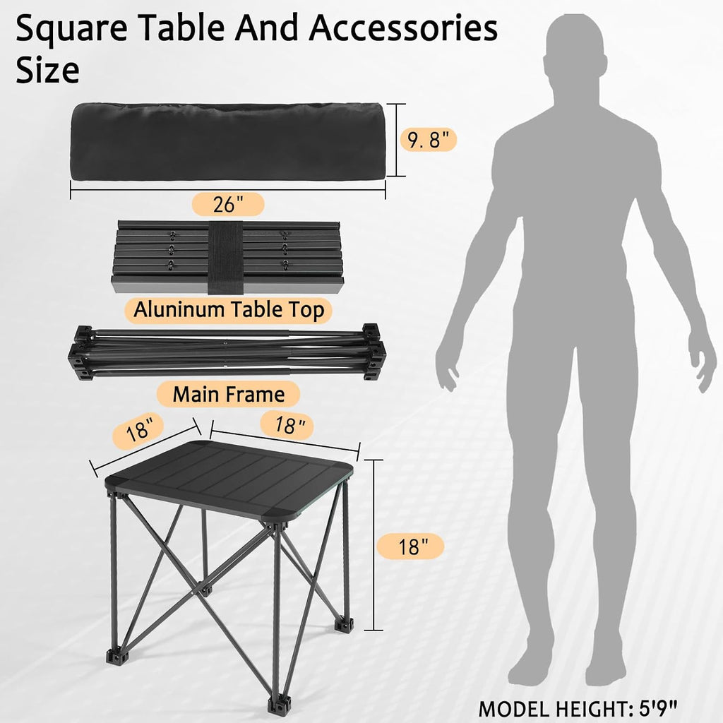 Tesouro Folding Camping Square Table with Carry Bag, Lightweight Aluminum Square Table for Outdoor, Camping, Picnic, Backyards, BBQ (Black-Small)