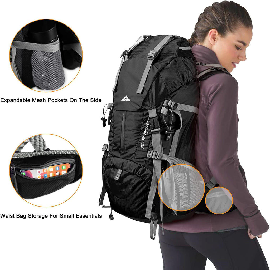 Loowoko 50L Hiking Backpack with Rain Cover for Both Men & Women | Lightweight at Just 2.8 lbs, External Extension with Compression Straps for Backpacking, Hiking, Camping, Trekking