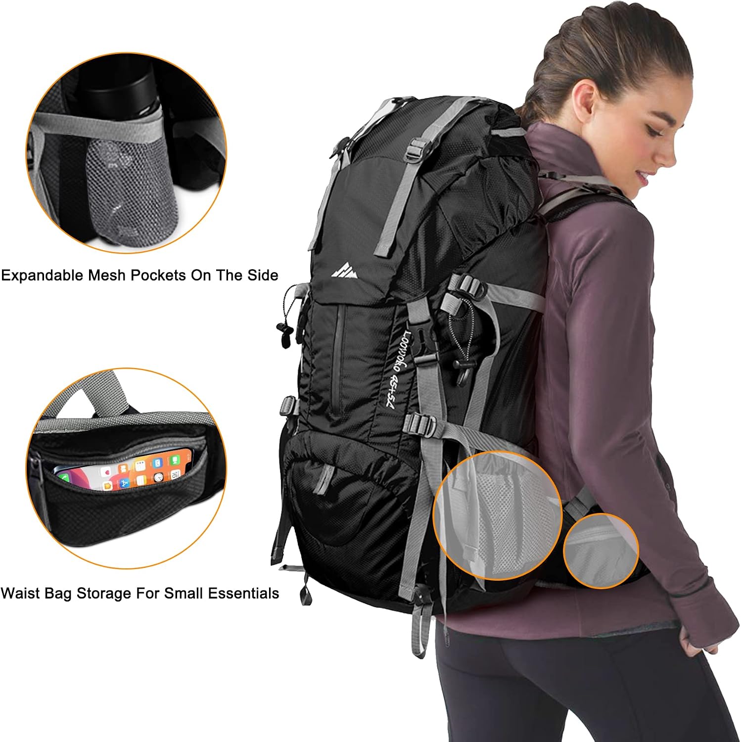 Loowoko 50L Hiking Backpack with Rain Cover for Both Men & Women | Lightweight at Just 2.8 lbs, External Extension with Compression Straps for Backpacking, Hiking, Camping, Trekking