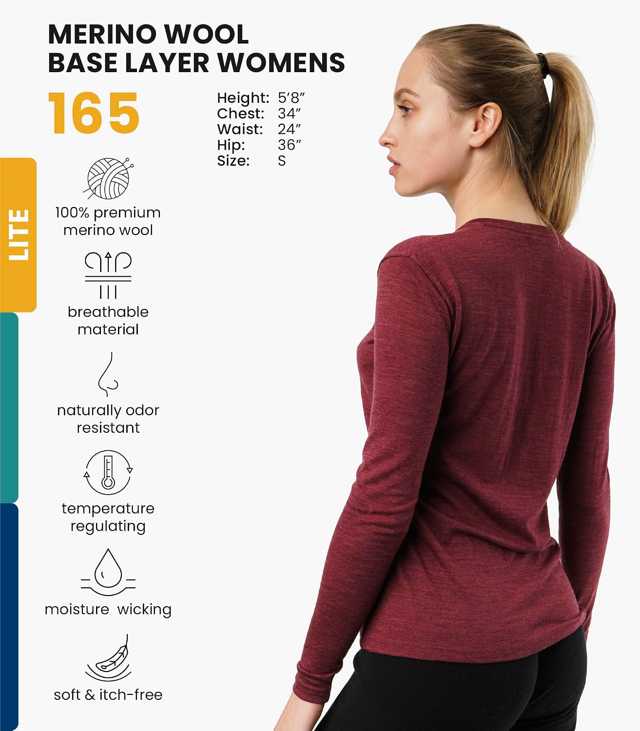 100% Merino Wool Base Layer Women - Long Sleeve Thermal Shirt with Socks