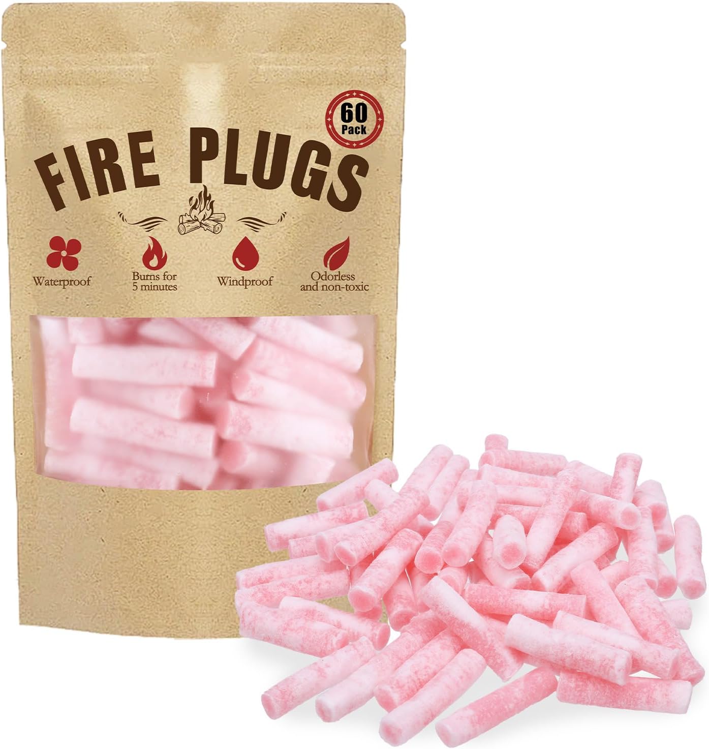 60 Pack Waterproof Fire Starters with 5+ Minute Burn Non-Toxic