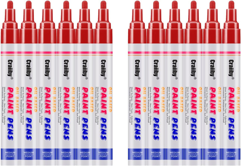 Red Paint Markers, 12 Pack Oil-Based Waterproof Quick Dry Permanent Paint Pen Set for Rocks Painting, Wood, Fabric, Plastic, Canvas, Glass, Mugs, Metal, Tire, Stone, DIY Craft
