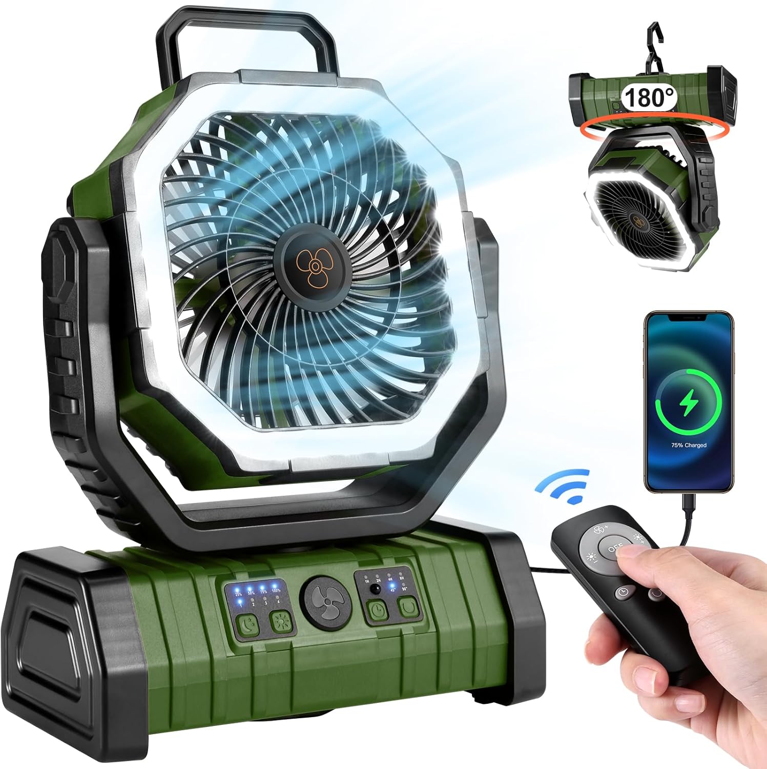 Odoland 30000mAh Camping Fan with LED Lantern, Rechargeable Battery Fan | Operated Oscillating Fan with Remote & Hook, Portable Tent Fan with Timer, 4 Speeds for Outdoor Camp RV Power Outage, Green