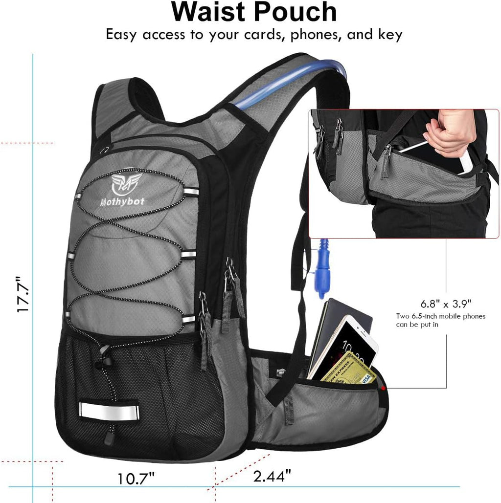 Mothybot Hydration Pack, Insulated Hydration Backpack with 2L BPA Free Water Bladder and Storage, Hiking Backpack for Men, Women, Kids for Running, Cycling, Camping - Keep Liquid Cool up to 5 Hours