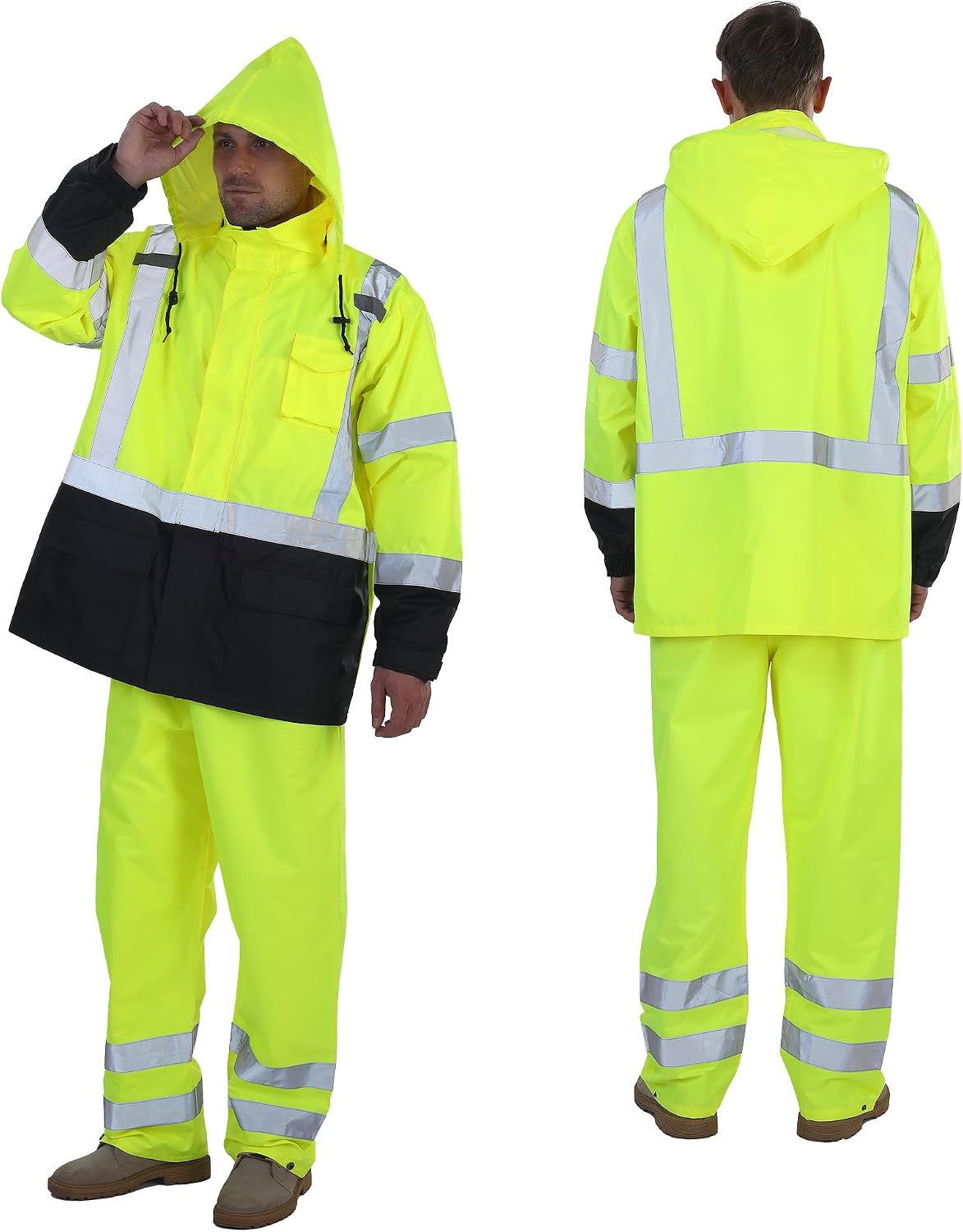 sesafety Hi Vis Rain Jacket, Rain Suits for Men Waterproof withBlack Bottom
