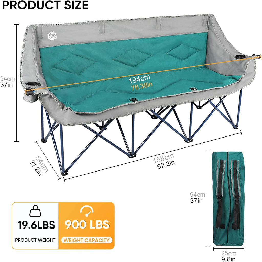 Northroad 3 Person Camping Chair Oversized 900 Lbs Outdoor Lawn Loveseat Chair Padded Folding Chairs for Adults Heavy Duty Soccer Chair w/Cup & Wine Glass Holder for Outside Picnic, Beach, Sports