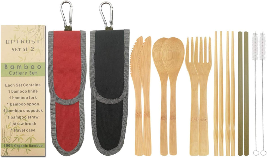 UPTRUST 2 Set Bamboo Cutlery Set Bamboo Travel Utensil Reusable Table cutlery Fork Knife Spoon Chopsticks Straw Cleaning Brush for Travel Picnic School Office（Skyblue& Green）