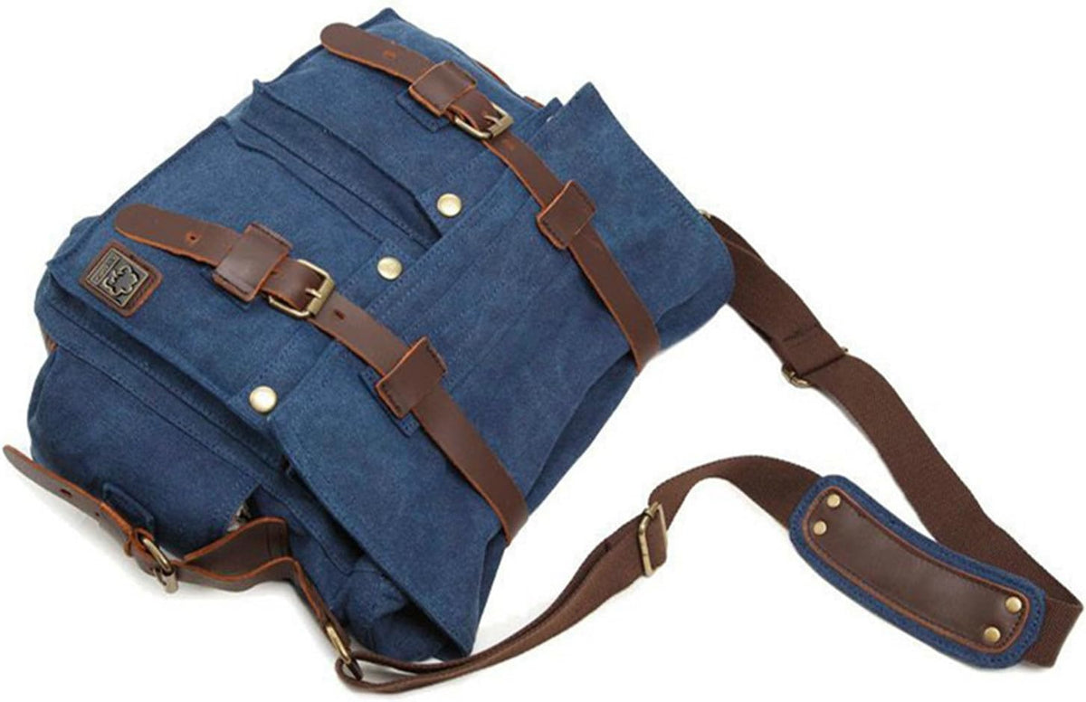 Sechunk Vintage Military Leather Canvas Laptop Bag Messenger Bags Medium