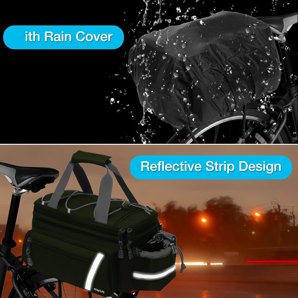 MOSISO Bike Rack Bag with Rain Cover, Bike Trunk Cooler Handag,Army Green | Insulated Bicycle Rear Seat Pouch with 2 Side Foldable Panniers, 8L Cycling Backseat Storage Cargo Saddle Shoulder Bag
