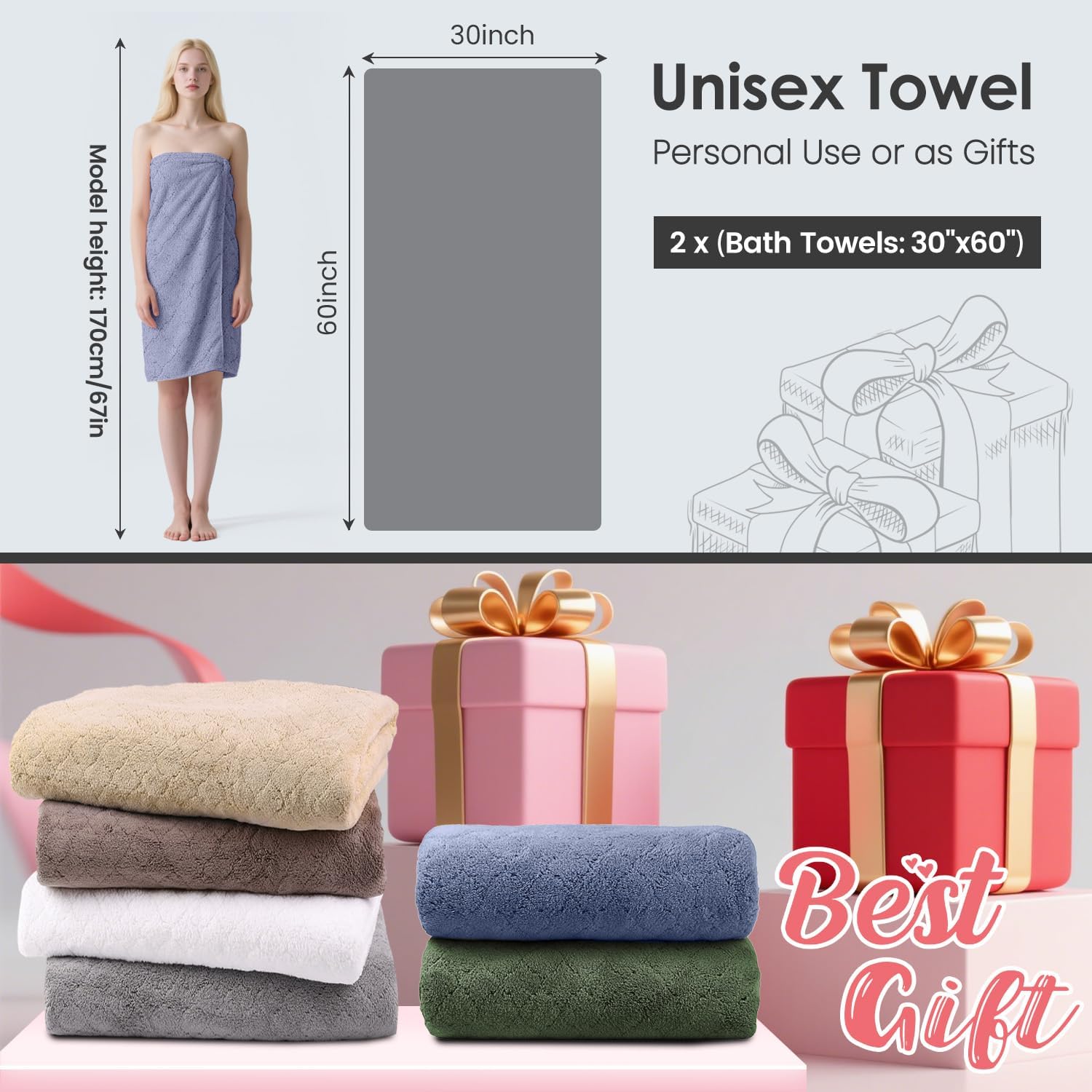 JML Microfiber Bath Towels with Hanging Loop, 2 Pack, 27x55 in, Blue