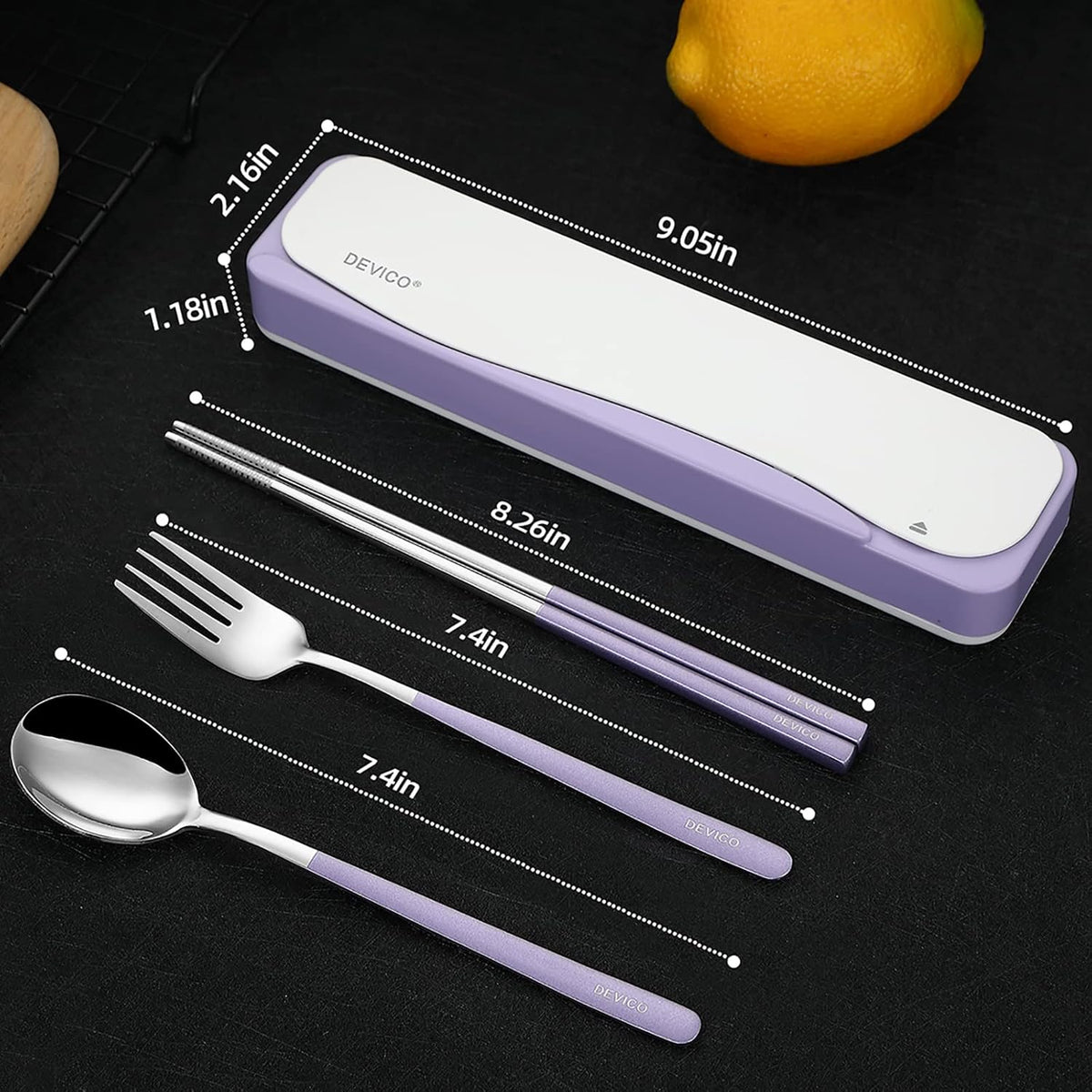 DEVICO Travel Utensils with Case, 4Pcs Portable Silverware Set for Work, 18/8 Stainless Steel Reusable Cutlery, Korean Spoon and Chopsticks Fork for Camping, School, Lunch Box Accessories (Purple)