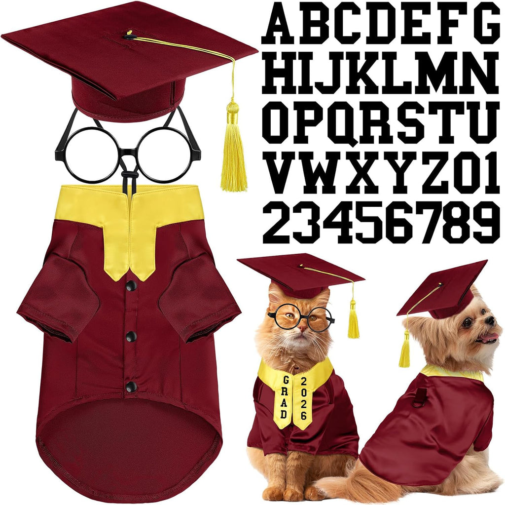 Huhumy 5 Pcs Dog Graduation Costume Set Include 2026 Pet Graduation Gown with Stole Puppy Grad Cap Lensless Glasses DIY Letter Stickers for Dogs Cats Holiday Costume Accessory(Maroon Yellow,S)