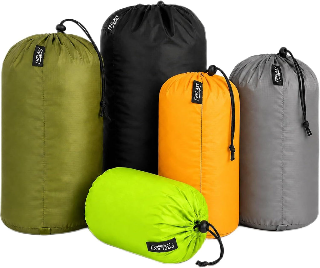 Frelaxy Stuff Sack Set 5-Pack (3L&5L&9L&15L&20L), Ultralight Ditty Bags with Dust Flap for Traveling Hiking Backpacking (Sky Blue&Blue&Navy&Army Green&Black)