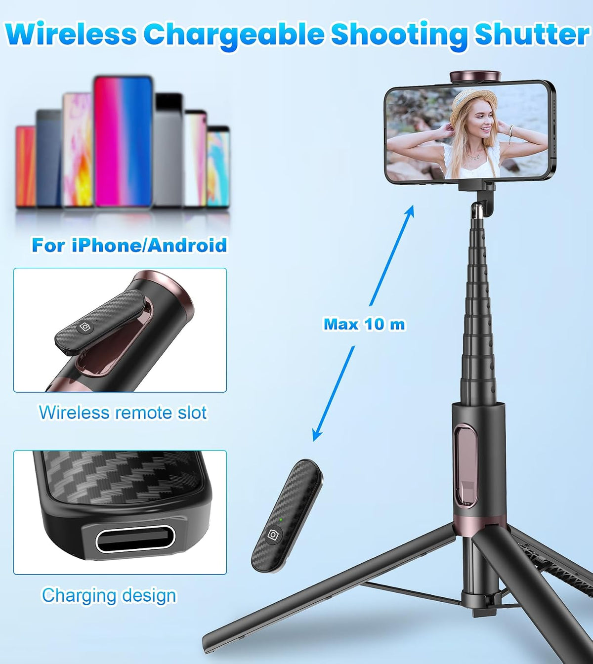 TONEOF 67" Cell Phone Selfie Stick Tripod,Smartphone Stand All-in-1 with Integrated Wireless Remote,Portable,Lightweight,Extendable for iPhone/Android(Black)