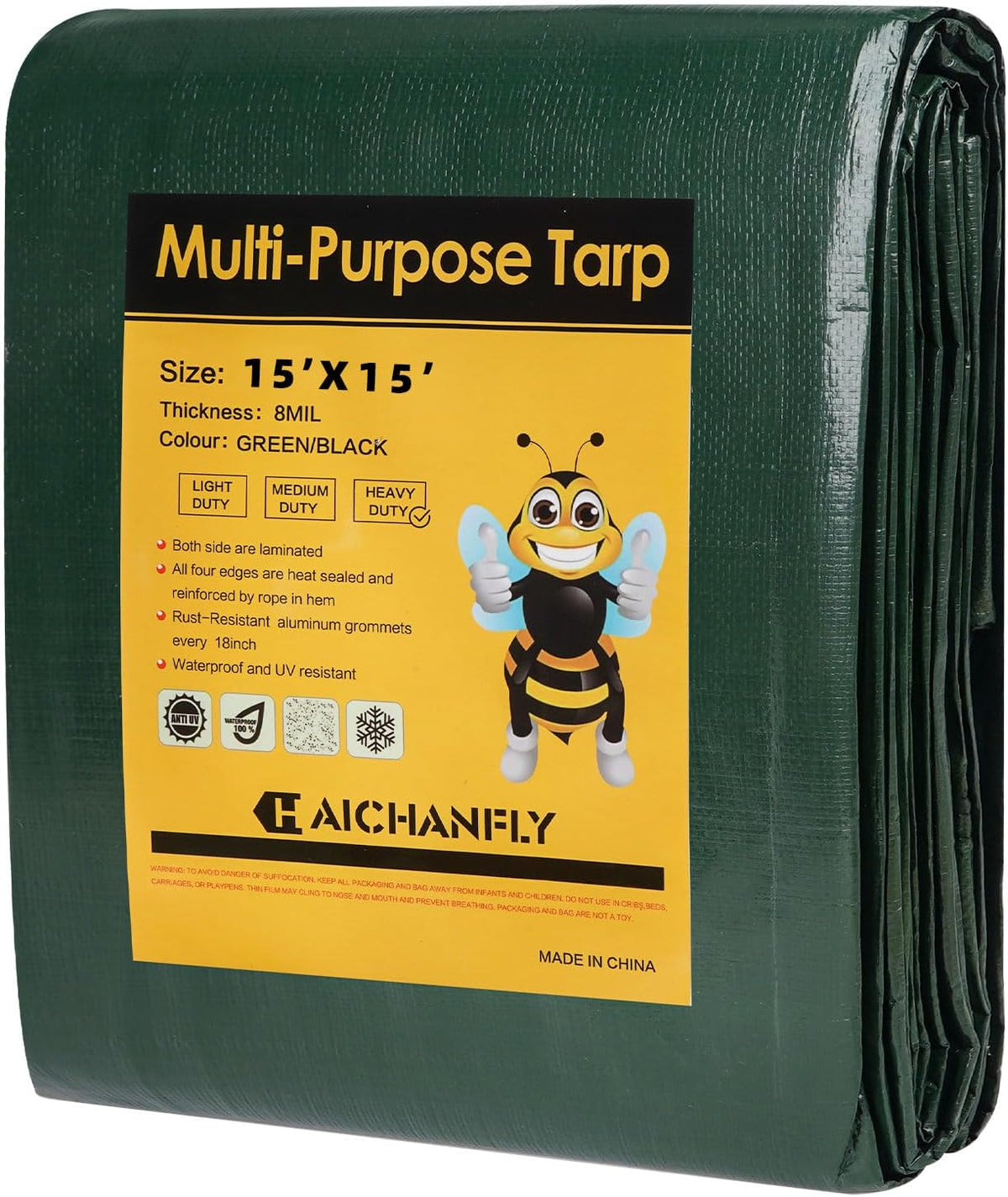 Heavy Duty Double-Sided Waterproof Poly Tarp 15x15 Feet 8mil Thick Polyethylene Tarps, Perfect for Outdoor Use, Plastic Cover & Mat for Tent Camping Storage Boat Bikes Vehicles