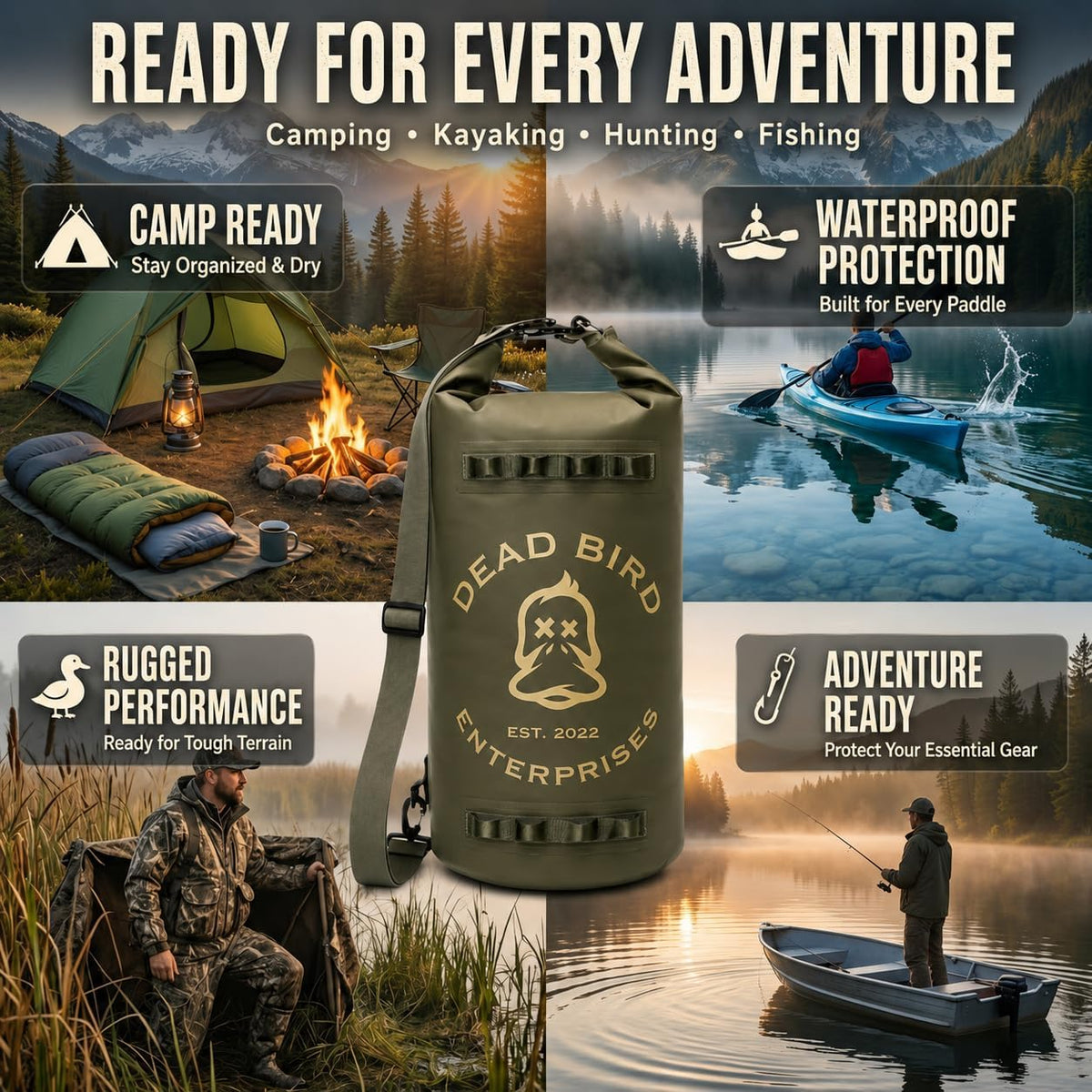 Dead Bird Enterprises Waterproof 20L Dry Bag, Military Green Shell Pouch with Roll Top Closure for Duck Hunting, Kayaking, Camping, Beach, Boating & Fishing, 500D PVC Tarpaulin Waterproof Shell Bag
