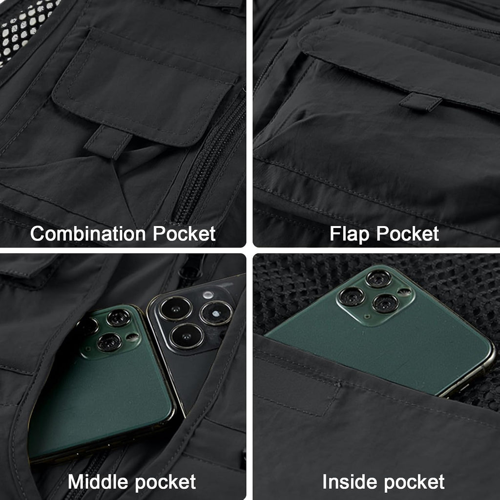 Mens Outdoor Vest Breathable Quick-Dry Fishing Vest Camping Hiking Lightweight Vest with Multi-Pocket