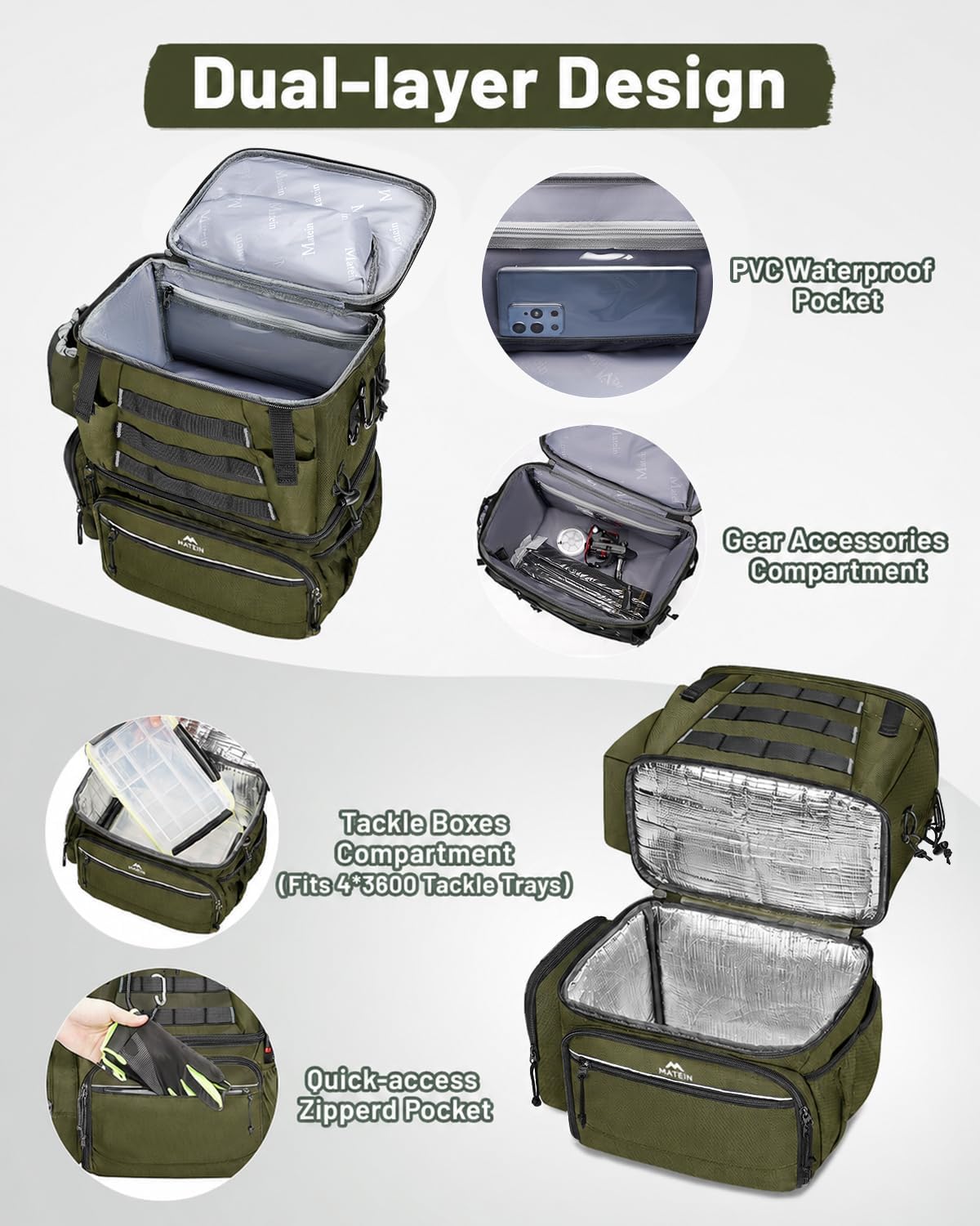 MATEIN Fishing Backpack with 4 Tackle Boxes, Fishing Bag with Rod Holder