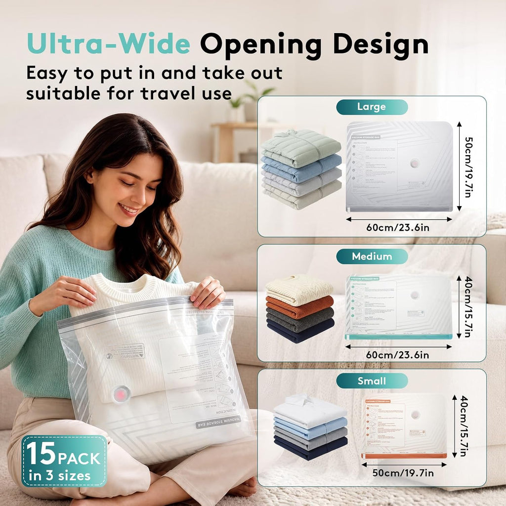 15 Pack Vacuum Bags for Travel with Pump, Cordless Vacuum Seal Bags for Clothing Travel, Compression Packing Cubes for Luggage, Space Saver Vacuum Storage Bags
