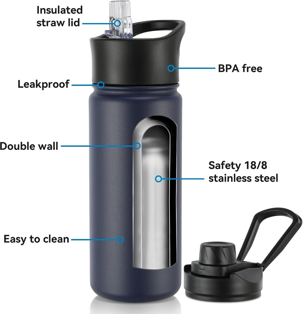 16 oz Insulated Water Bottle with Straw Lids, Stainless Steel Kids Water Bottles for School, Double Wall Vacuum Metal Water Bottle with Straw & Wide Mouth Lid, Navy 1 Pack