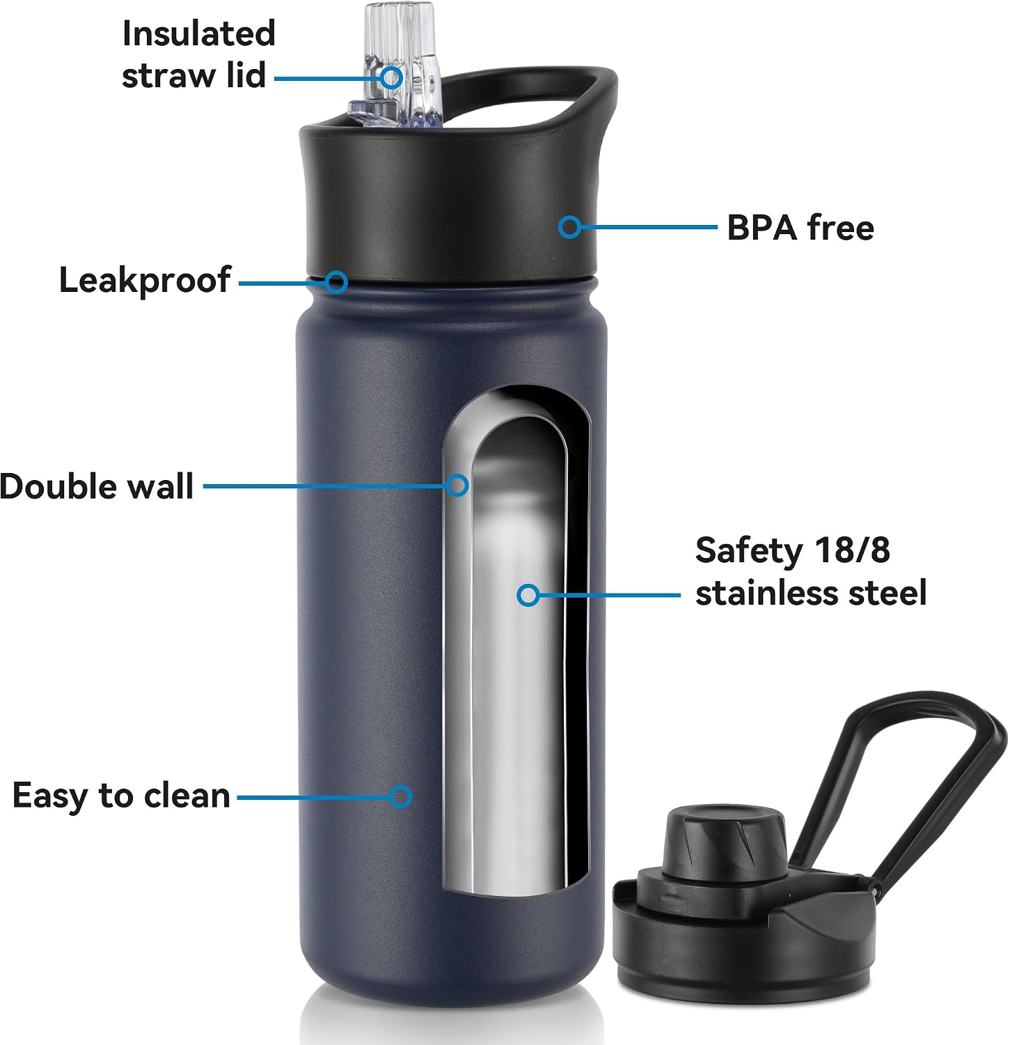 16 oz Insulated Water Bottle with Straw Lids, Stainless Steel Kids Water Bottles for School, Double Wall Vacuum Metal Water Bottle with Straw & Wide Mouth Lid, Navy 8 Pack