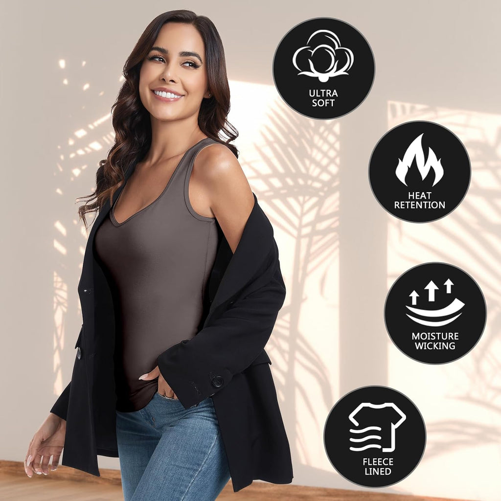 WOWENY Thermal Fleece Tank Top for Women V Neck Sleeveless Shirts Camisole Warm Base Layer Cami Vest Underwear Tops