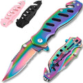 Legal Rainbow Pocket Knife with Glass Breaker Seatbelt Cutter - 2.68 Inch Sharp Serrated Blade - Cute Small Folding Womens Knives for Self Defense EDC Camping - Food Processing Cake Knives 6655 R