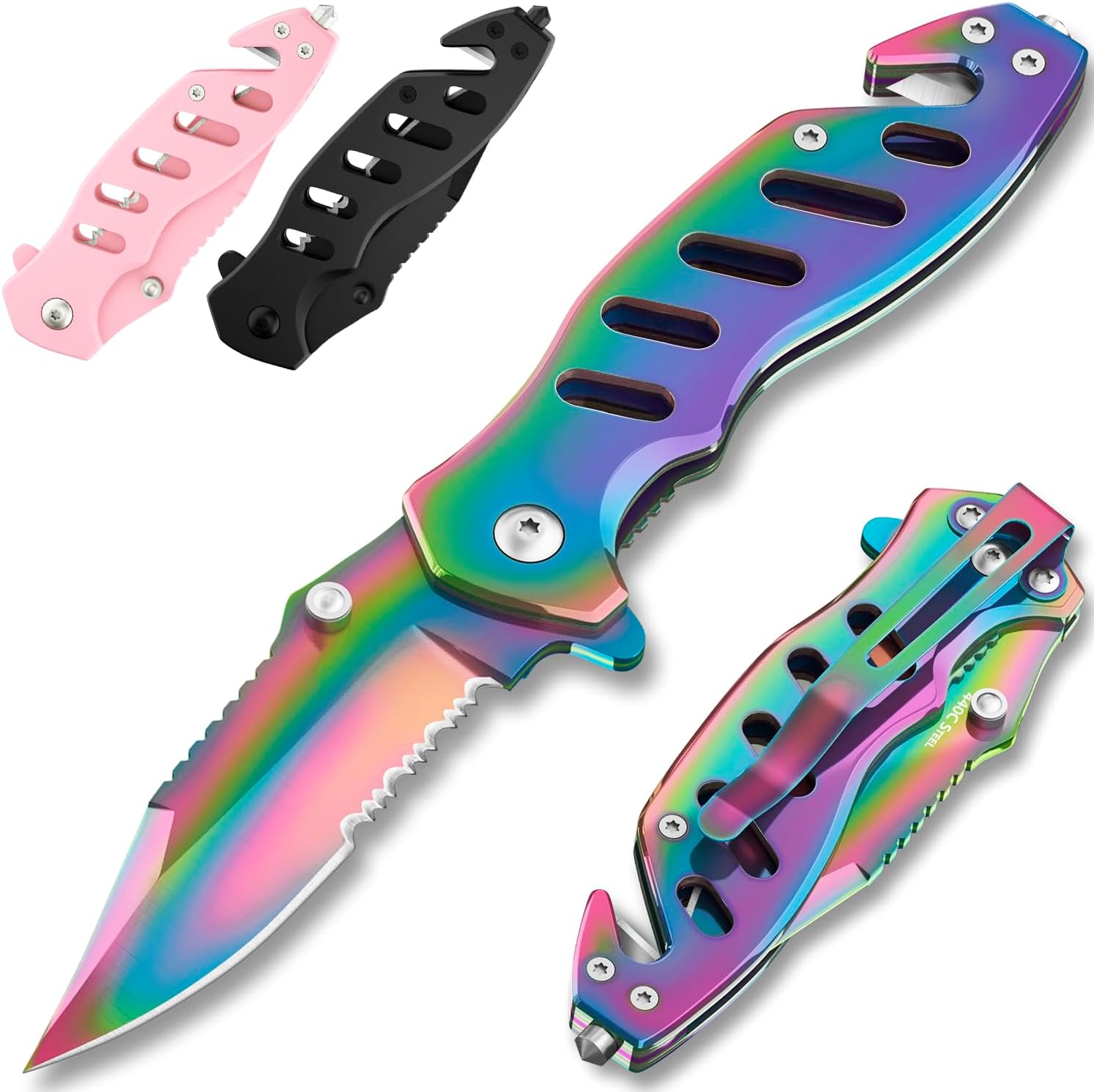 Legal Rainbow Pocket Knife with Glass Breaker Seatbelt Cutter - 2.68 Inch Sharp Serrated Blade - Cute Small Folding Womens Knives for Self Defense EDC Camping - Food Processing Cake Knives 6655 R