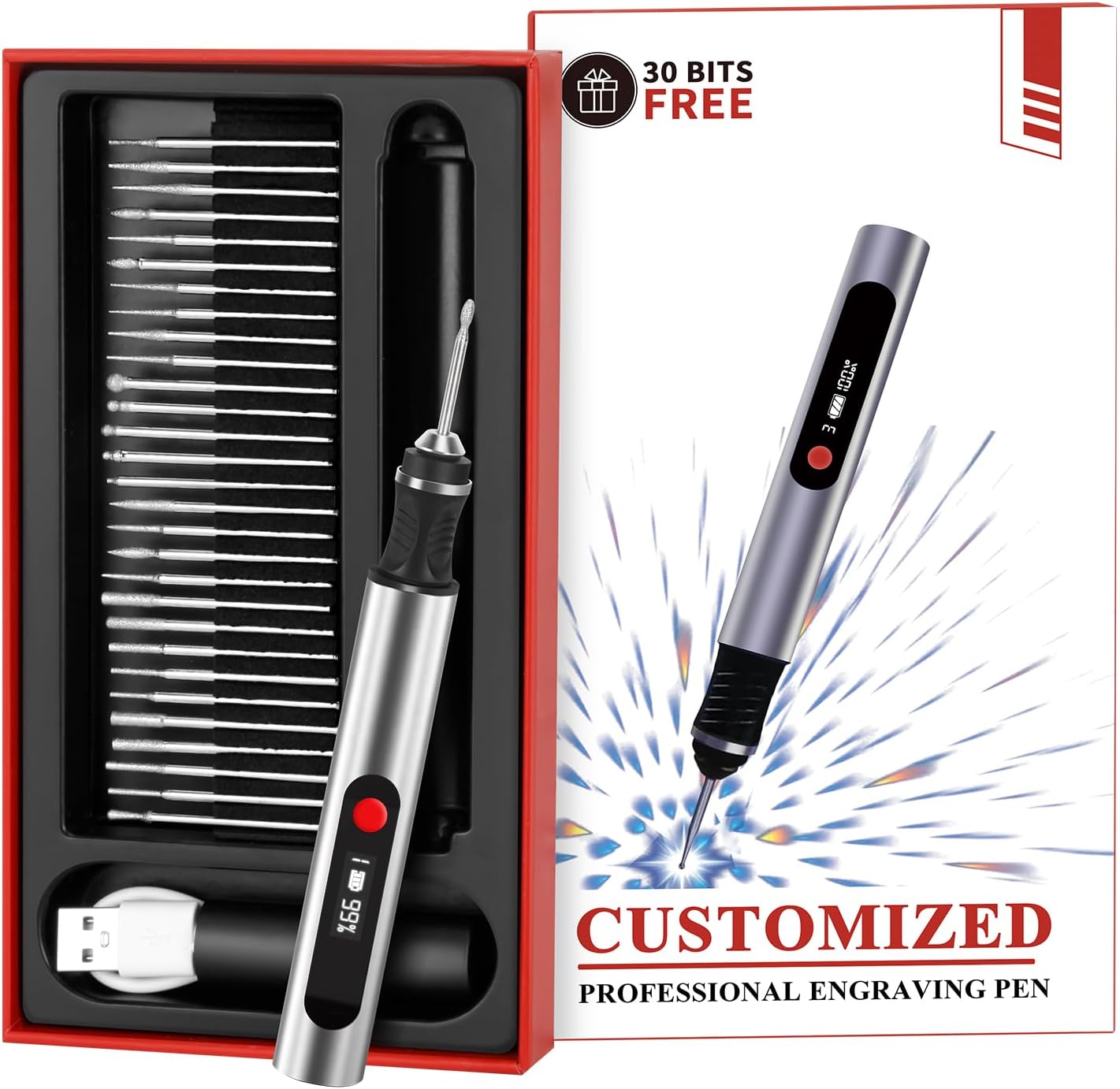 Engraving Pen, Ultimate Cordless Engraving Pen for Artists & DIYers - Engrave 60+ Surfaces - Beginner Friendly- 30 Bits & Mastery Guide (Grey)