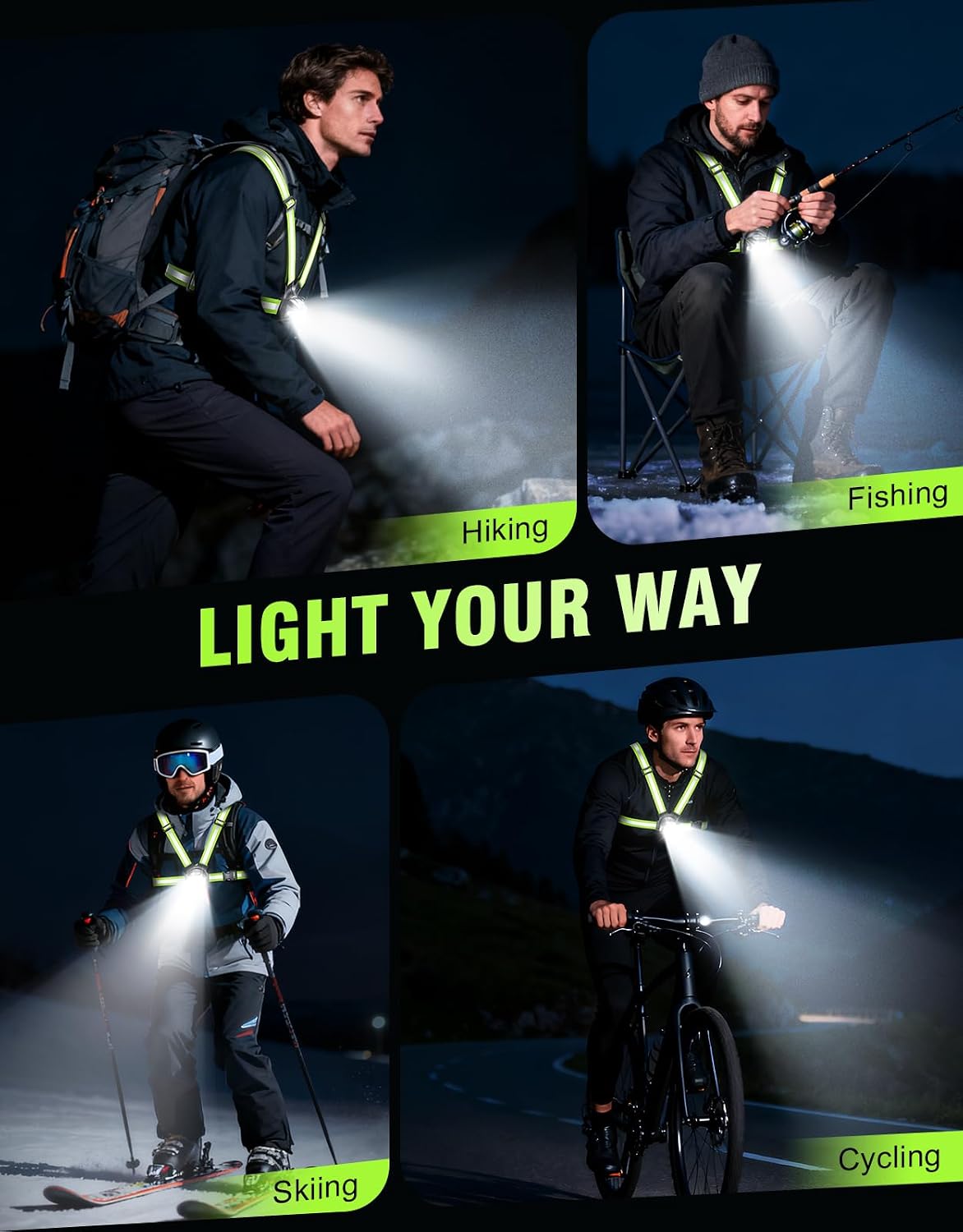 Running Lights for Runners, 500LM 1800mAh Rechargeable Running Light with 7 Modes & 45° Adjustable Beam, IPX4 Waterproof 360° Light up Gear, Reflective Vest for Night Walking/Jogging/Hiking