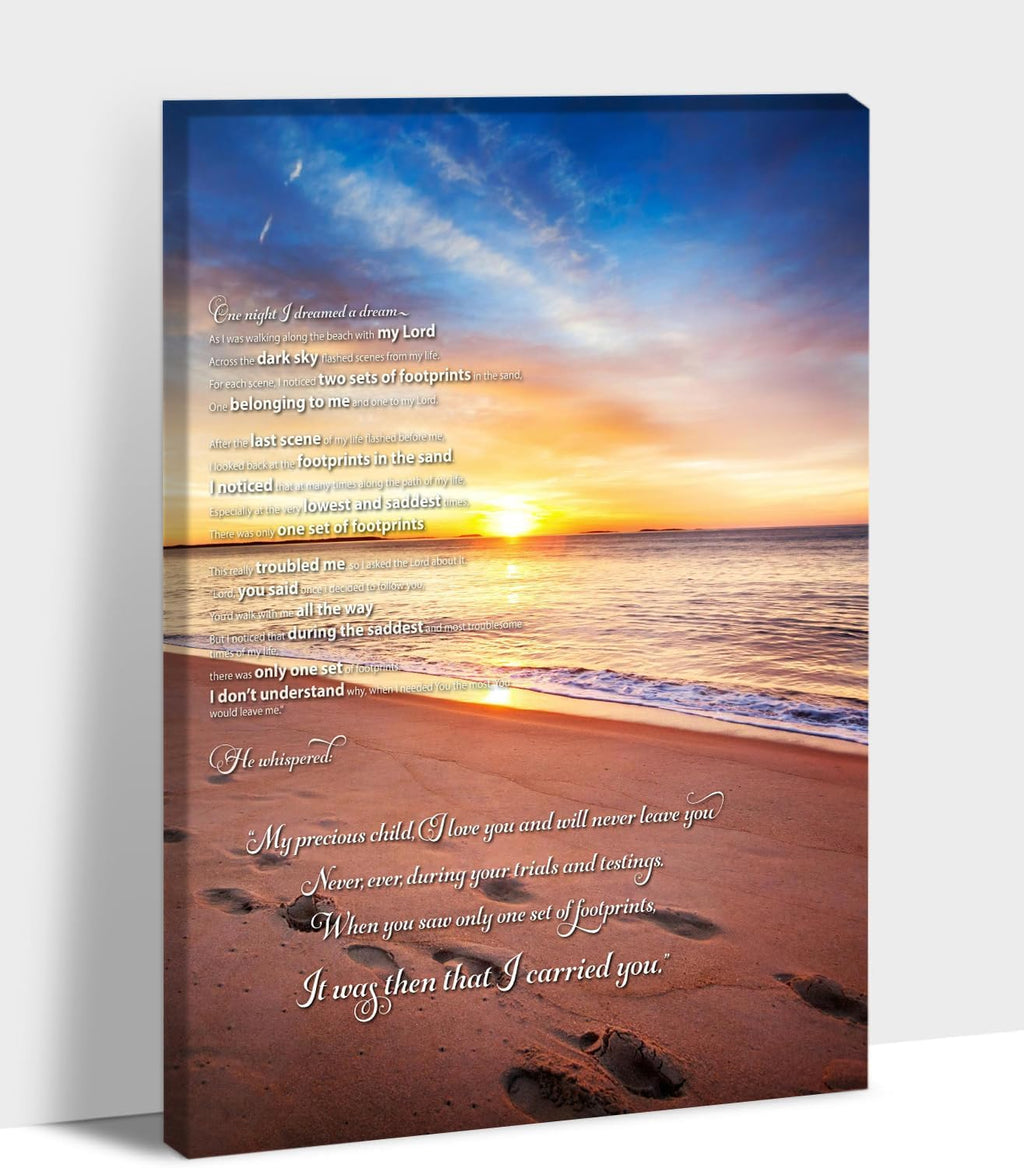 Footprints in the Sand Canvas Prints Wall Art, Footprints in the Sand Wall Art Decor, Inspirational Christian Poem Wall Poster Gift, Beach Picture Wall Art for Living Room Beach Office 18"Wx24"HInches