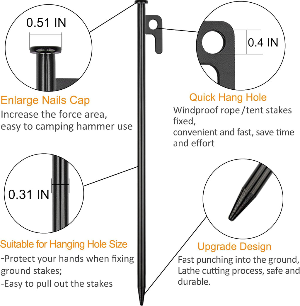 8 Pack Tent Stakes Heavy Duty Metal Tent Pegs for Camping Steel Tent Stakes 16 inch Unbreakable and Inflexible