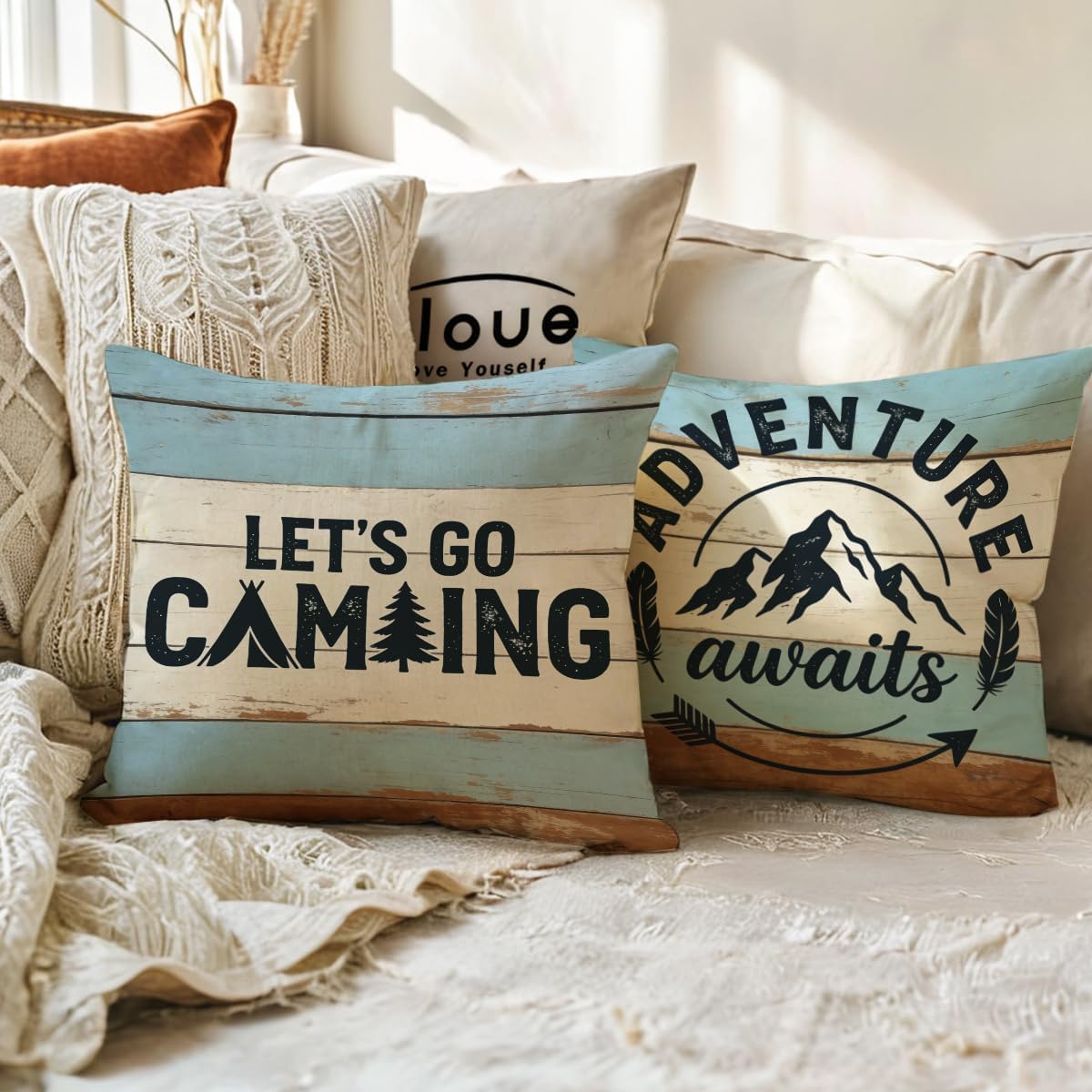 ULOVE LOVE YOURSELF Camping Throw Pillow Covers 4Pack Adventure Awaits Decorative Pillowcases Happy Campers Cushion Covers 18 X 18 Inch for Camper, Cabin Home Decor(Blue/Brown)