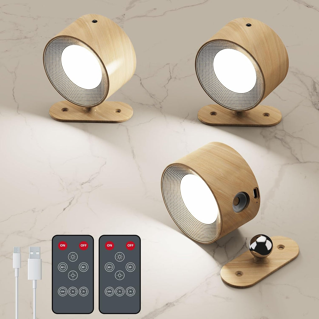 AKSDA 3Pack Battery Operated Wall Sconce, 3 Color Modes 3 Brightness Levels 360°Rotation Lighting Timer Touch & Remote Control, Wall Mounted Lamp LED Wall Lights for Bedroom Reading Bedside (Wood)