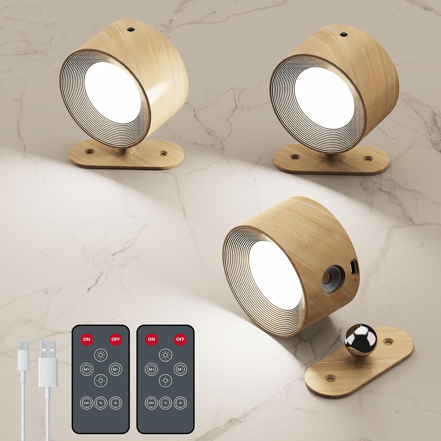 AKSDA 3Pack Battery Operated Wall Sconce, 3 Color Modes 3 Brightness Levels 360°Rotation Lighting Timer Touch & Remote Control, Wall Mounted Lamp LED Wall Lights for Bedroom Reading Bedside (Wood)