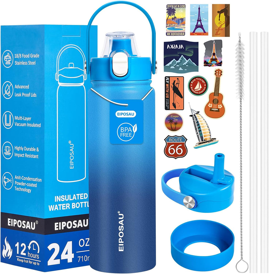 Insulated Water Bottle with Lid & Boot & Stickers, 24 oz