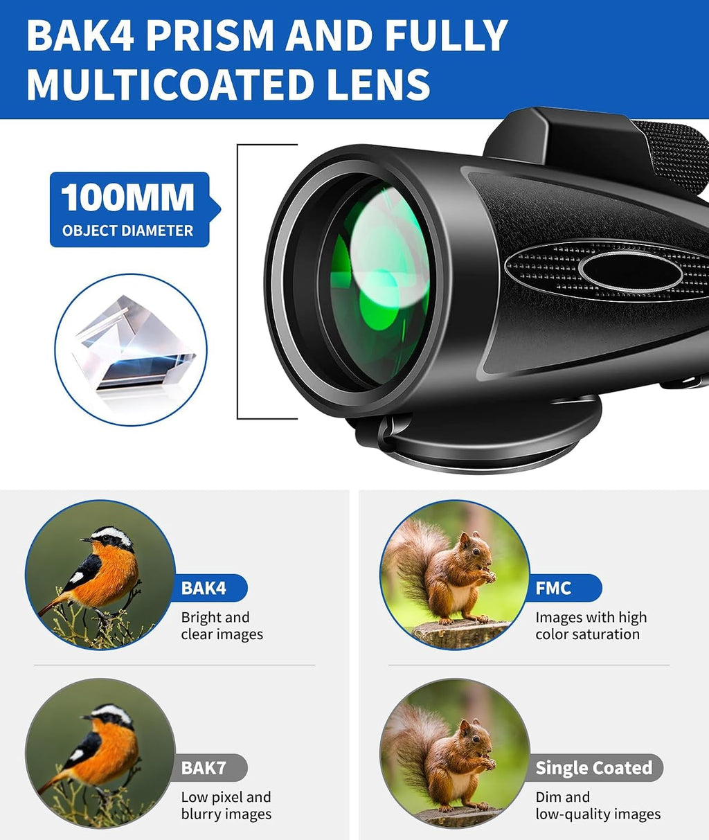 Monocular Telescope 12X60 HD High Power with Smartphone Adapter Tripod Larger Vision Monoculars for Adults with BAK4 Prism & FMC Lens Suitable for Bird Watching Hiking Camping Wildlife-Black
