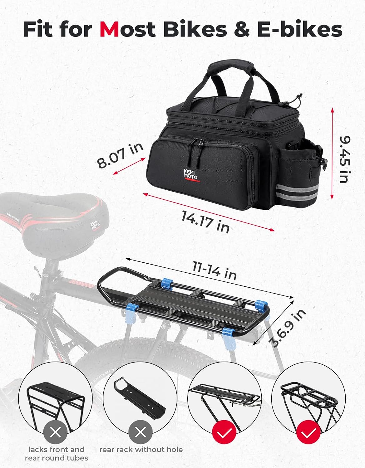 KEMIMOTO Bike Rear Rack Bag eBike Trunk Bag Expandable 20L Bicycle Pannier