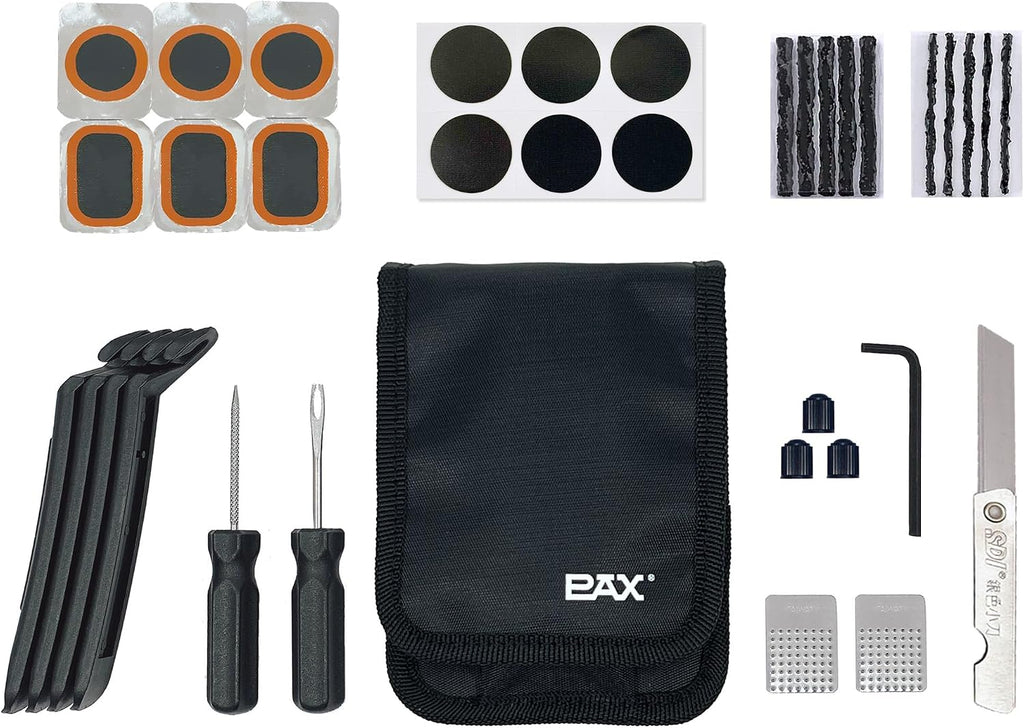 PAX 36Pcs Bike Tire Flat Repair Tool Kit Bag, Including Tube Patches, Tire Strip Plugs, Glueless Repair Kit, Nylon Tire Lever, Handle Tool, Valve Cap, and Metal Buffer, for Road, Mountain Bicycle