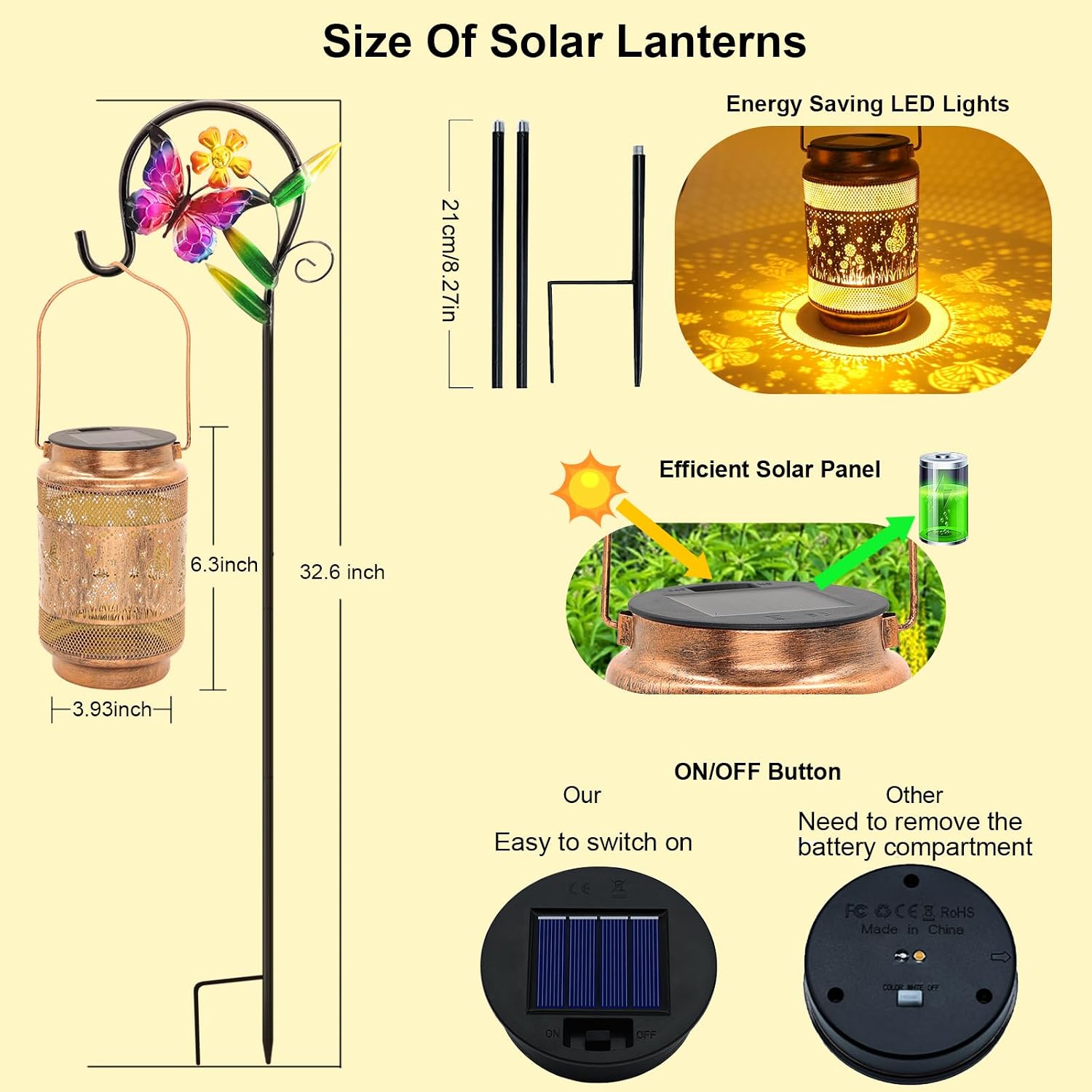 2 Pack Butterfly Solar Lanterns Outdoor Waterproof Solar Garden Decor, Birthday Gifts for Mothers Day Women Mom Grandma, Metal Hanging Lights with Shepherd Hook for Outside Yard Patio Pathway Porch