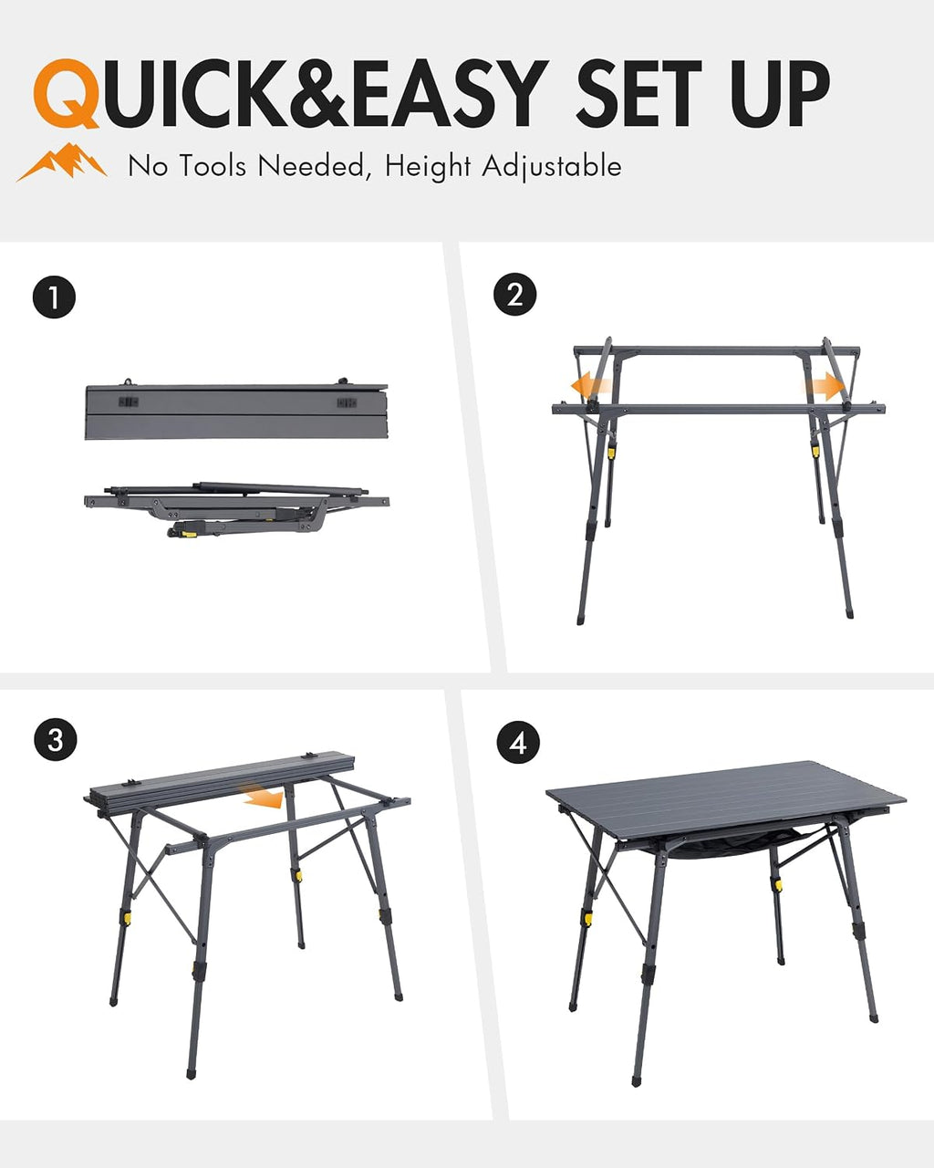 Portal Outdoor Folding Portable Picnic Camping Table with Adjustable Height Aluminum Roll Up Table Top Mesh Layer, Dark Gray