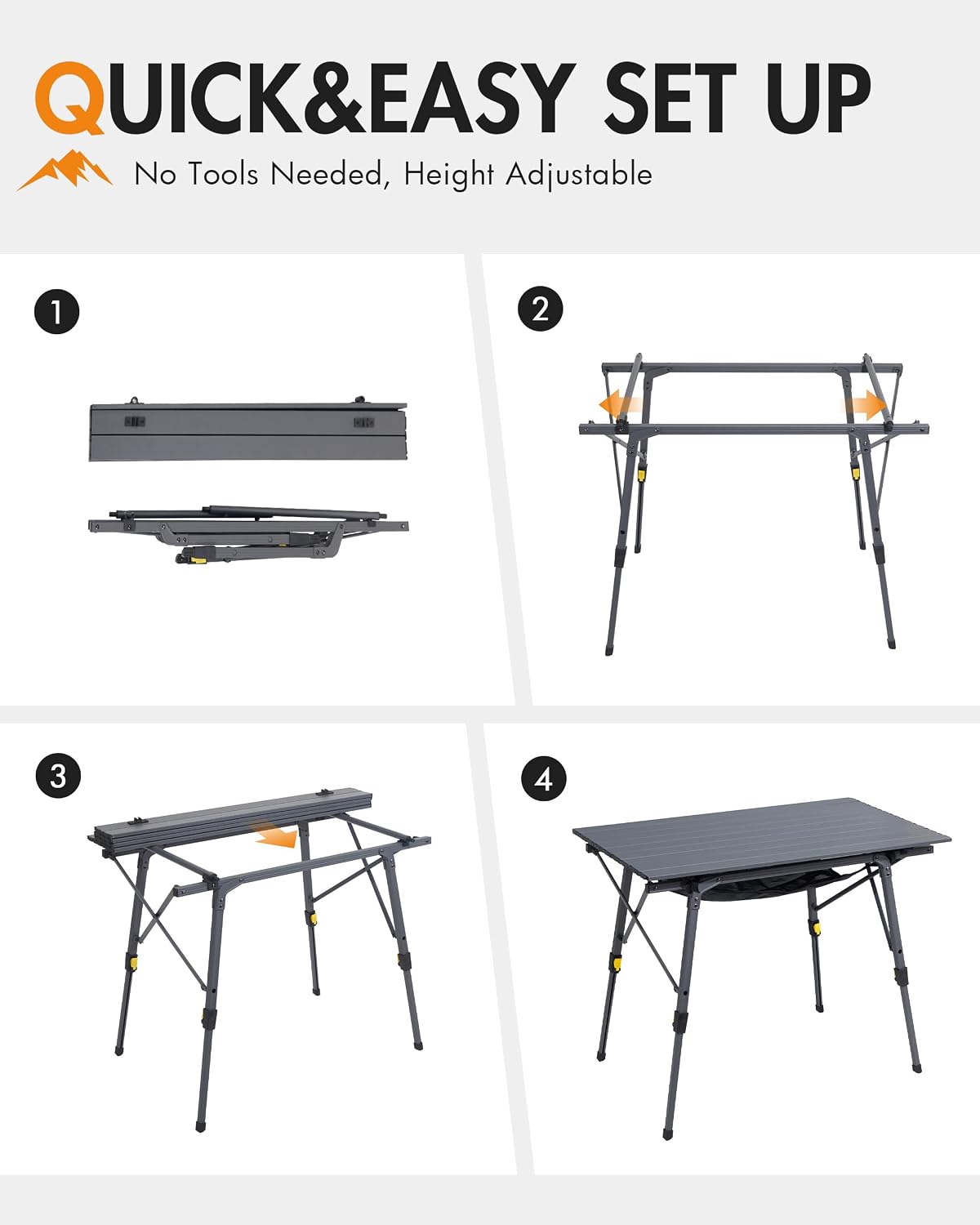 Portal Outdoor Folding Portable Picnic Camping Table with Adjustable Height Aluminum Roll Up Table Top Mesh Layer, Dark Gray