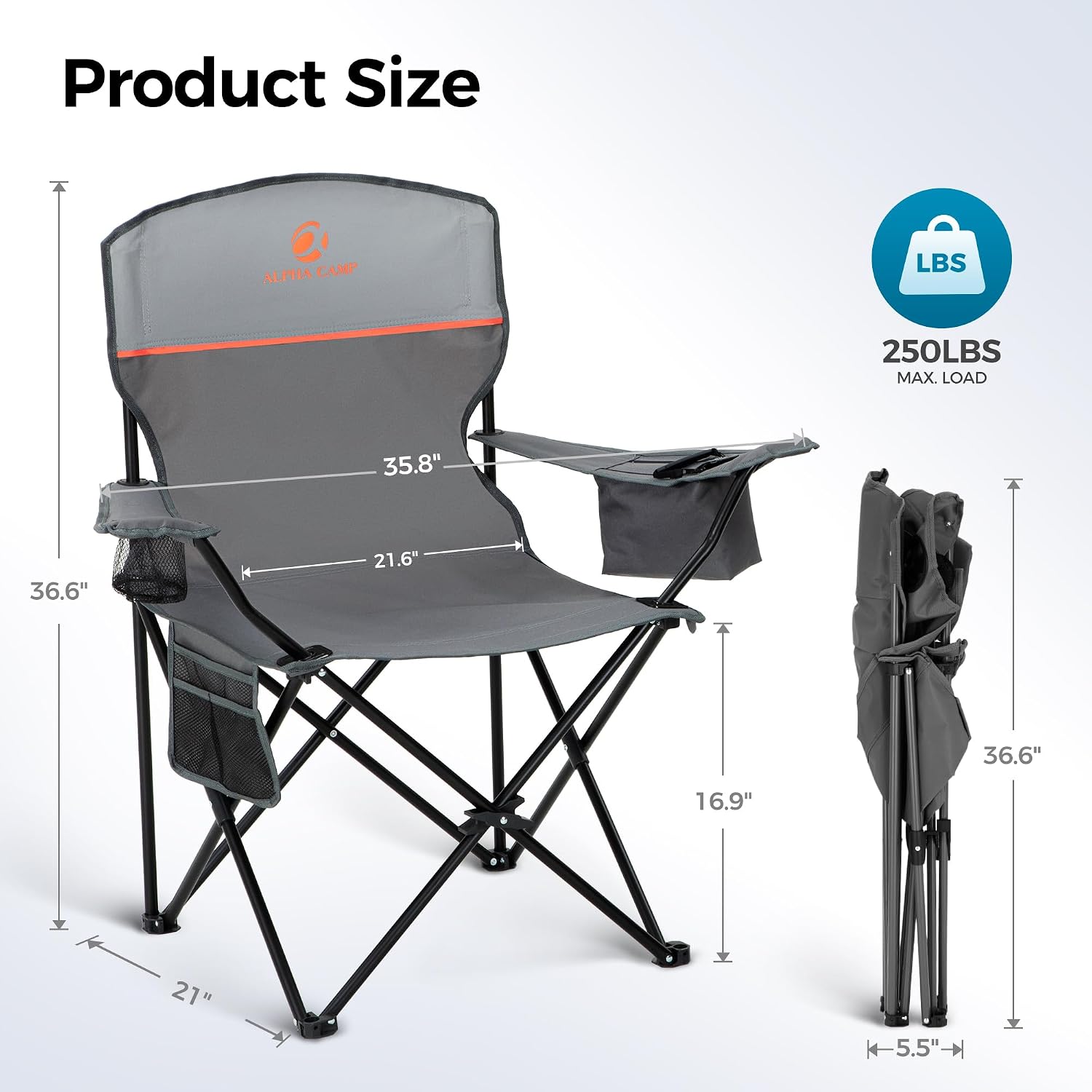 ALPHA CAMP 2-Pack Folding Camping Chair with Cooler Bag & Lumbar Support