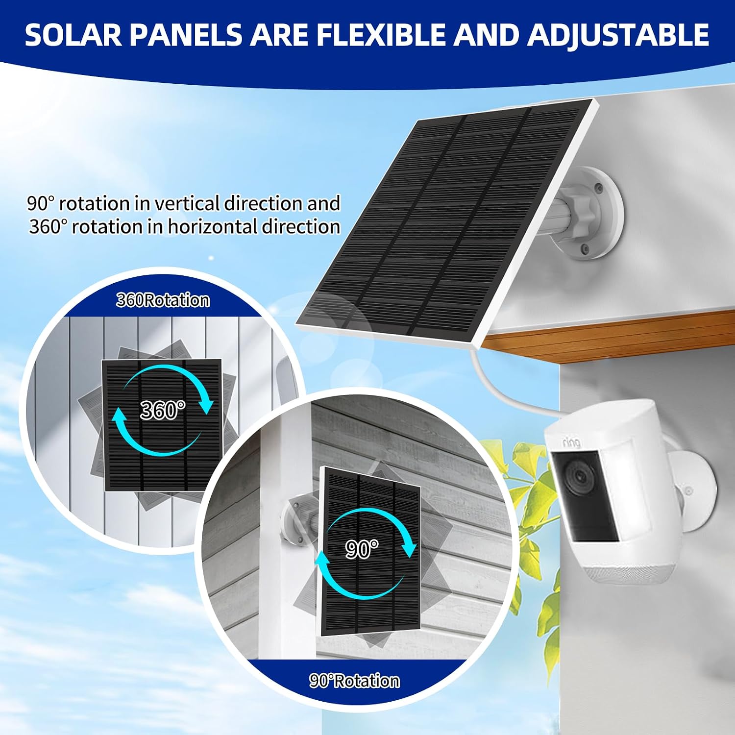 Solar Panels for Camera Outdoor Wireless (New Generation) 5W 5V Solar Panel Charger with USB-C&Plug for Spotlight Cam Plus&Stick Up Cam Pro.Waterproof IP65 360°Adjustable 10FT Cable (White, 2)