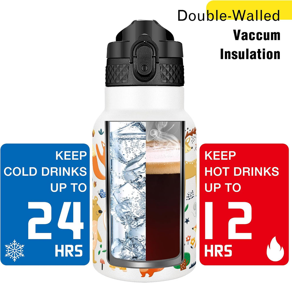 Han's Bottle Kids Water Bottle with Straw Lid - Insulated Stainless Steel Reusable Tumbler for Girls,Boys,Thermo Mug,12oz,Forest Animals