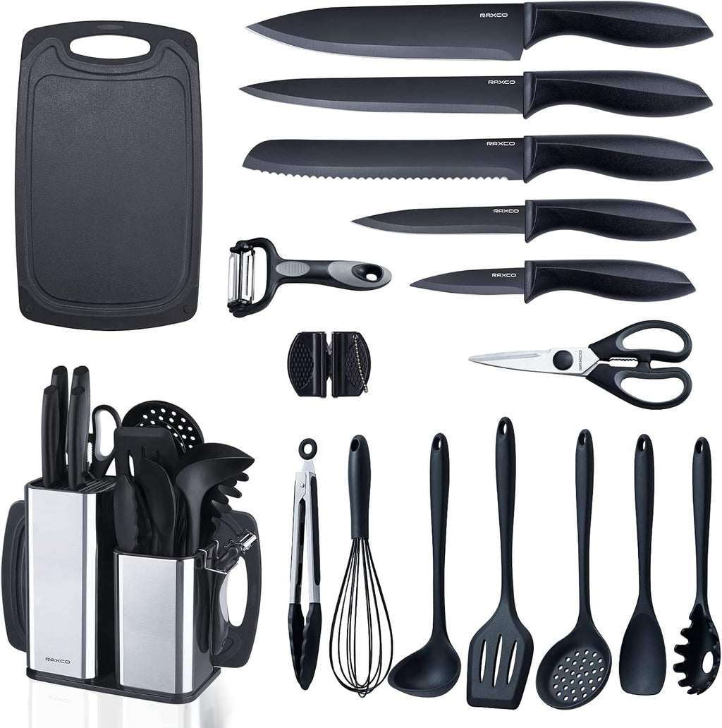 RAXCO Kitchen Utensils Set,18-Piece Cooking Utensils and Knife Set,Black