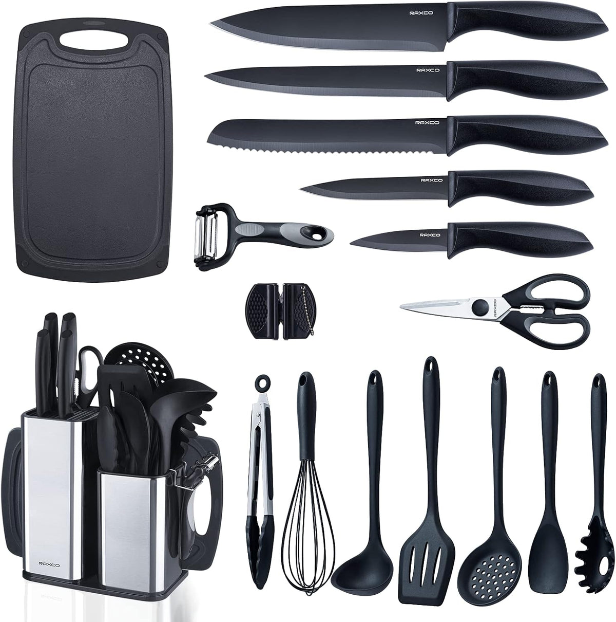 RAXCO Kitchen Utensils Set,18-Piece Cooking Utensils and Knife Set,Black